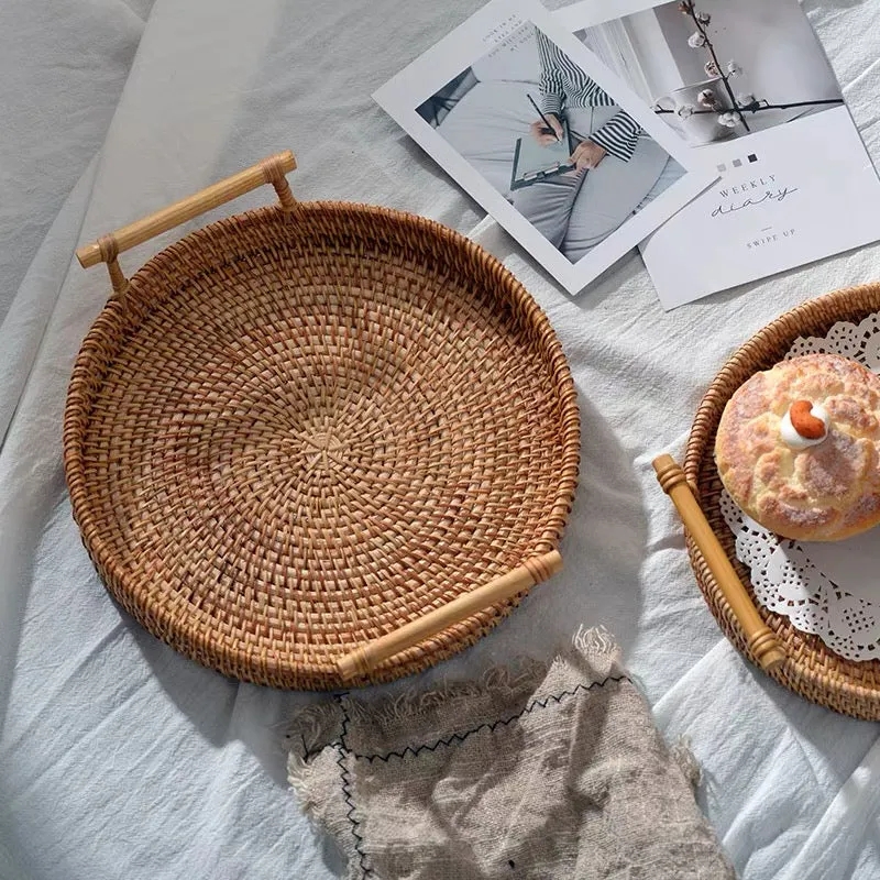 Ratten Handwoven Round Food Serving Tray Platter