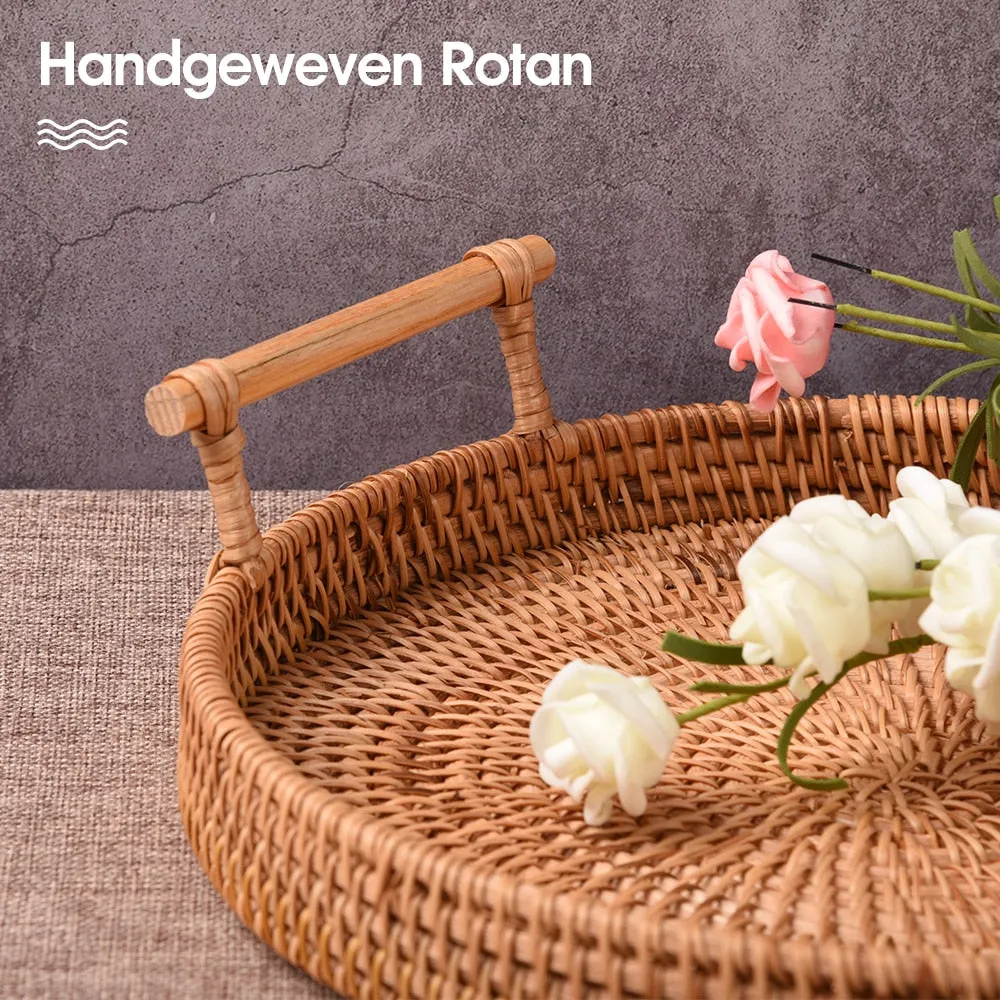 Ratten Handwoven Round Food Serving Tray Platter