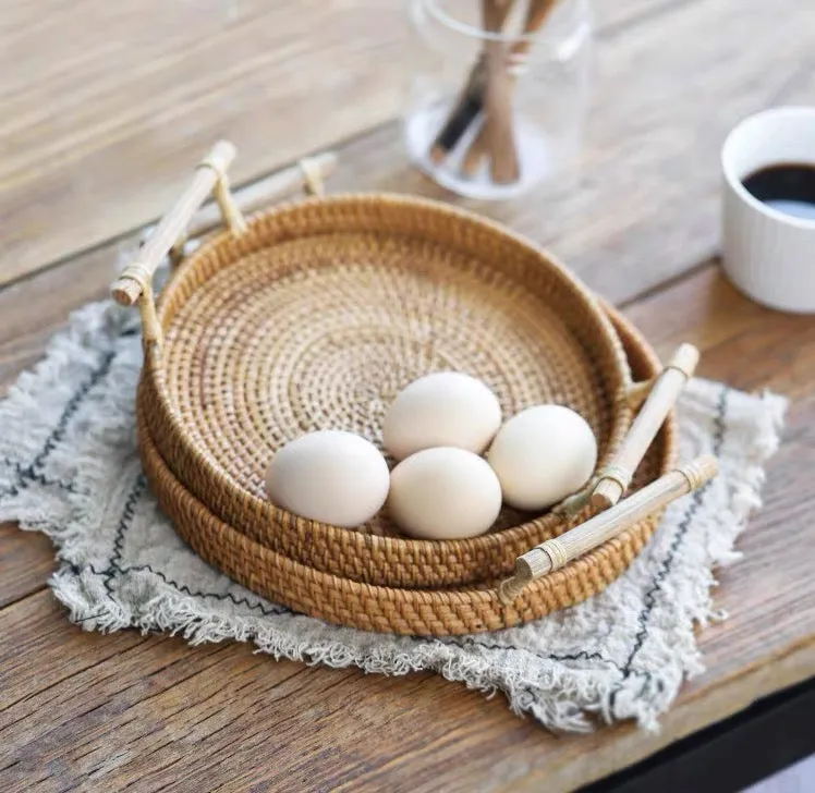Ratten Handwoven Round Food Serving Tray Platter