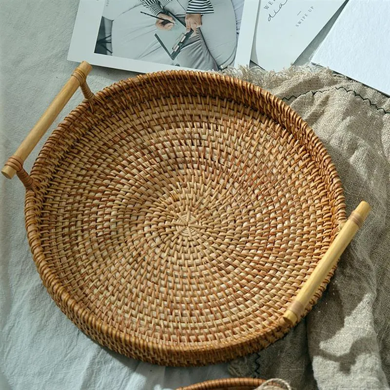 Ratten Handwoven Round Food Serving Tray Platter