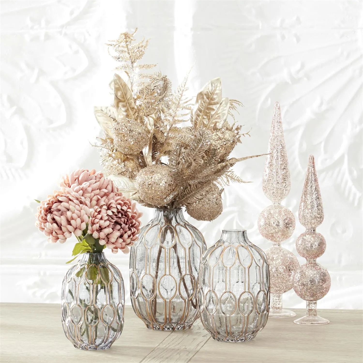 Smoked Glass Gold Oval Embossed Vases
