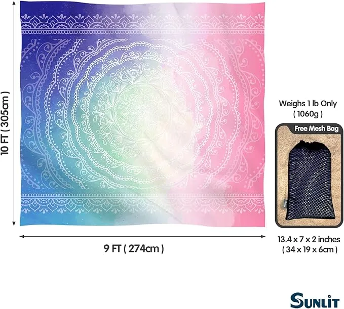 Sunlit 10'x9' Extra Large Boho Sand Proof Beach Blanket, Sand Proof Mat with Corner Pockets and Mesh Bag for Beach Party, Travel, Camping and Outdoor Music Festival, Blue and Pink Circle Mandala
