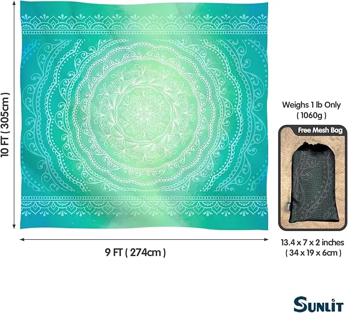Sunlit 10'x9' Extra Large Boho Sand Proof Beach Blanket, Sand Proof Mat with Corner Pockets and Mesh Bag for Beach Party, Travel, Camping and Outdoor Music Festival, Bright Turquoise Mandala