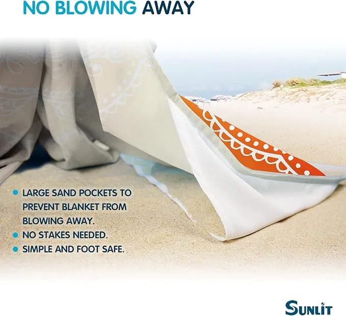 Sunlit 10'x9' Extra Large Boho Sand Proof Beach Blanket, Sand Proof Mat with Corner Pockets and Mesh Bag for Beach Party, Travel, Camping and Outdoor Music Festival, Light Orange and Sky Blue Mandala