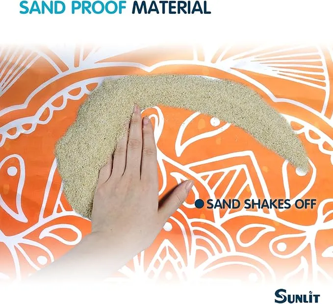 Sunlit 10'x9' Extra Large Boho Sand Proof Beach Blanket, Sand Proof Mat with Corner Pockets and Mesh Bag for Beach Party, Travel, Camping and Outdoor Music Festival, Light Orange and Sky Blue Mandala