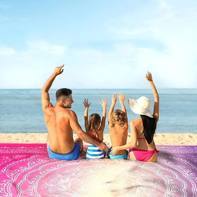 Sunlit 10'x9' Extra Large Boho Sand Proof Beach Blanket, Sand Proof Mat with Corner Pockets and Mesh Bag for Beach Party, Travel, Camping and Outdoor Music Festival, Purple and Red Mandala