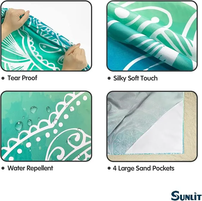 Sunlit Silky Soft 106"x81" Boho Sand Proof Beach Blanket Sand Proof Mat with Corner Pockets and Mesh Bag for Beach Party, Travel, Camping and Outdoor Music Festival, Bright Turquoise Mandala