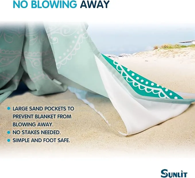 Sunlit Silky Soft 106"x81" Boho Sand Proof Beach Blanket Sand Proof Mat with Corner Pockets and Mesh Bag for Beach Party, Travel, Camping and Outdoor Music Festival, Bright Turquoise Mandala