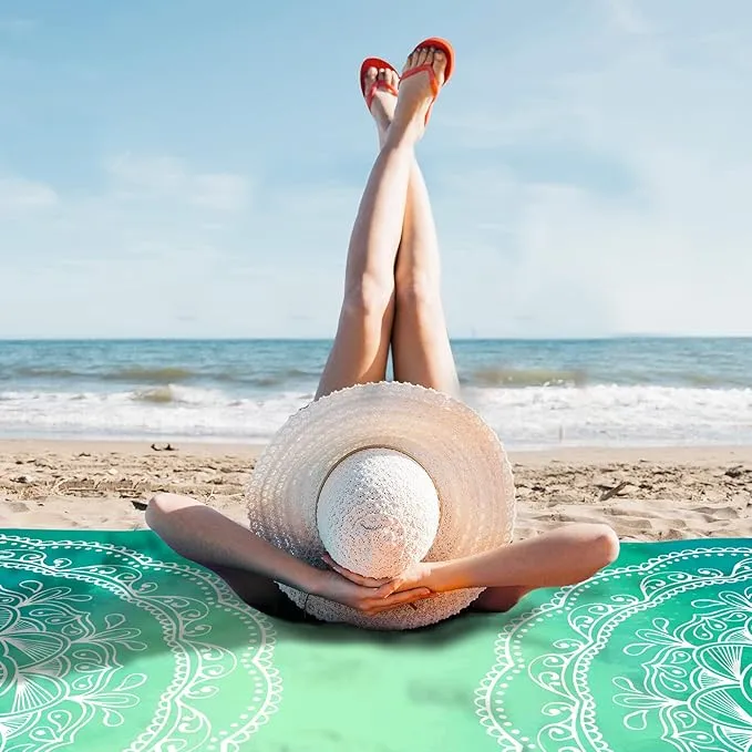 Sunlit Silky Soft 106"x81" Boho Sand Proof Beach Blanket Sand Proof Mat with Corner Pockets and Mesh Bag for Beach Party, Travel, Camping and Outdoor Music Festival, Bright Turquoise Mandala