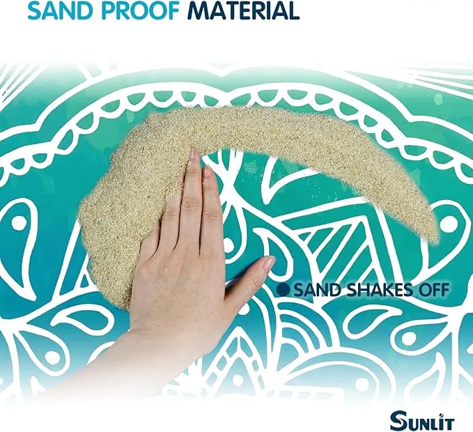 Sunlit Silky Soft 106"x81" Boho Sand Proof Beach Blanket Sand Proof Mat with Corner Pockets and Mesh Bag for Beach Party, Travel, Camping and Outdoor Music Festival, Bright Turquoise Mandala