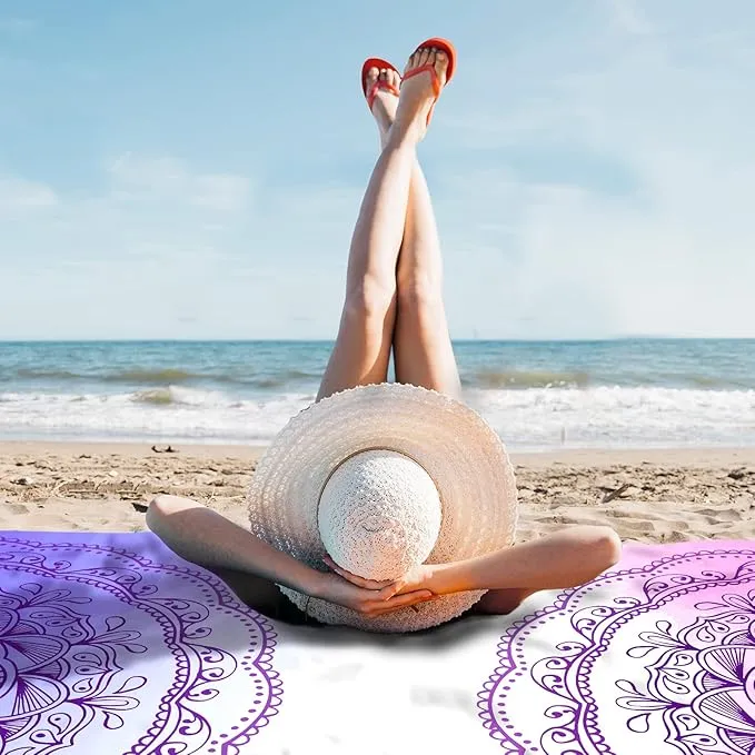 Sunlit Silky Soft 106"x81" Boho Sand Proof Beach Blanket Sand Proof Mat with Corner Pockets and Mesh Bag for Beach Party, Travel, Camping and Outdoor Music Festival, Purple Lines Pink Mandala