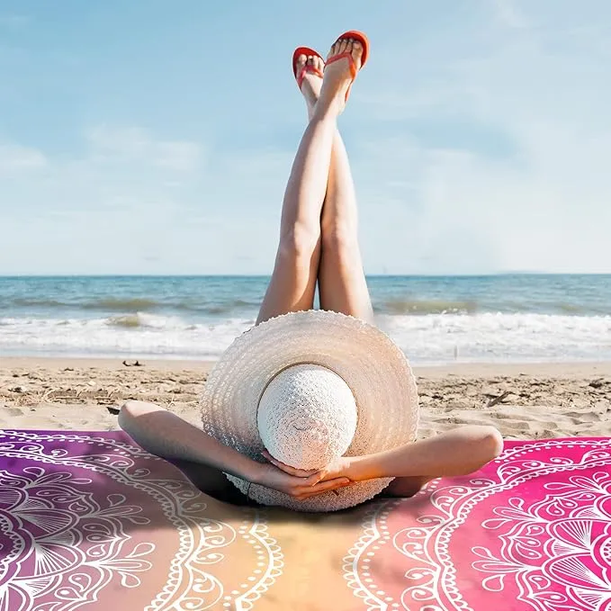 Sunlit Silky Soft 85"x72" Boho Sand Proof Beach Blanket Sand Proof Mat with Corner Pockets and Mesh Bag for Beach Party, Travel, Camping and Outdoor Music Festival, Purple and Red Mandala
