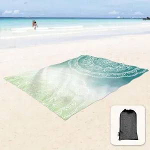 Sunlit Silky Soft 85"x72" Boho Sand Proof Beach Blanket Sand Proof Mat with Corner Pockets and Mesh Bag for Beach Party, Travel, Camping and Outdoor Music Festival, Tiffany Green Mandala