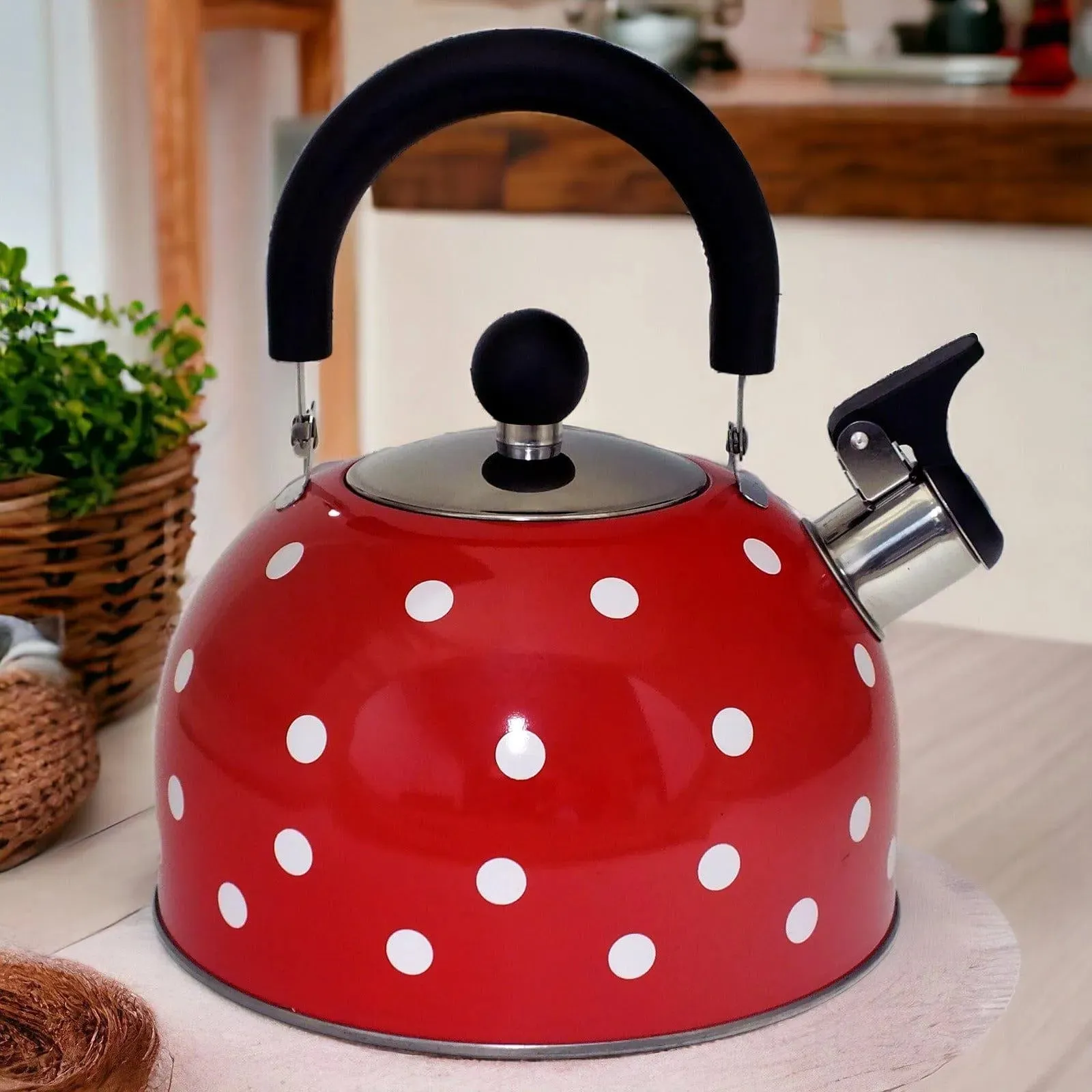 Voche 2.5 Litre Stainless Steel Whistling Stovetop Kettle | Red with White Polka Dots