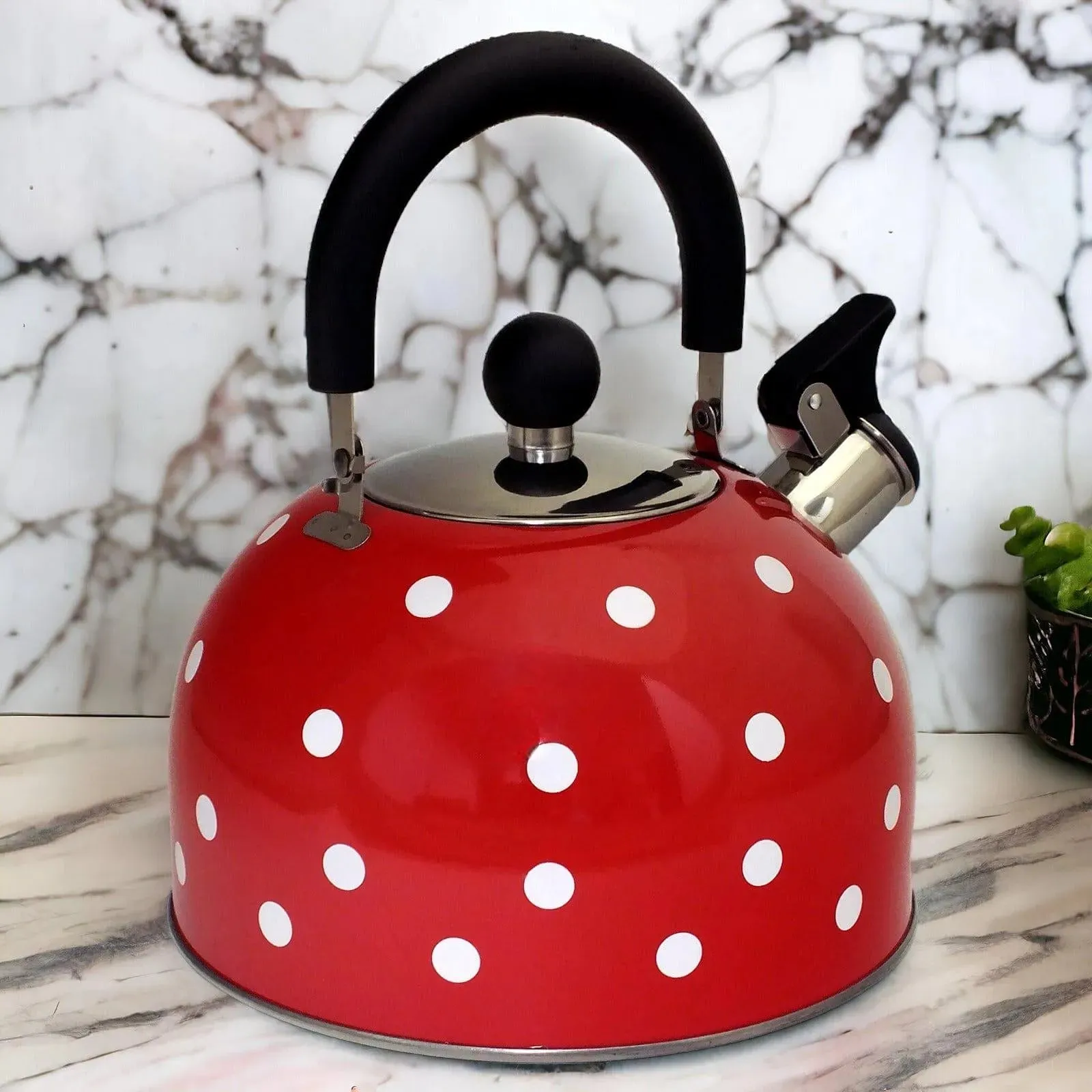 Voche 2.5 Litre Stainless Steel Whistling Stovetop Kettle | Red with White Polka Dots