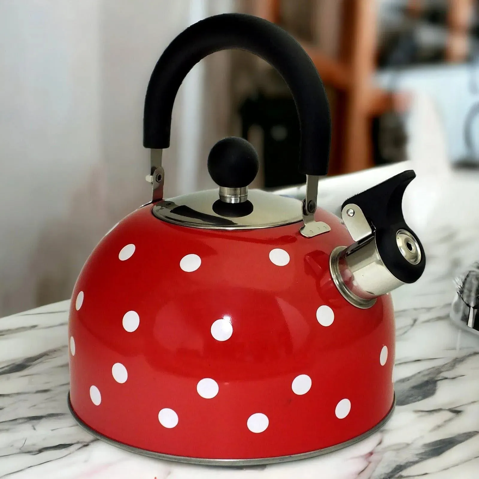 Voche 2.5 Litre Stainless Steel Whistling Stovetop Kettle | Red with White Polka Dots