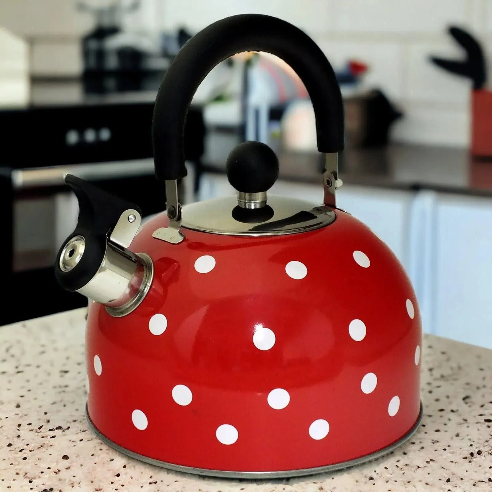 Voche 2.5 Litre Stainless Steel Whistling Stovetop Kettle | Red with White Polka Dots