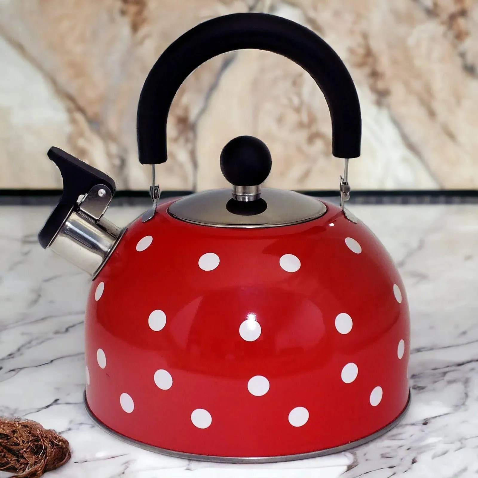 Voche 2.5 Litre Stainless Steel Whistling Stovetop Kettle | Red with White Polka Dots