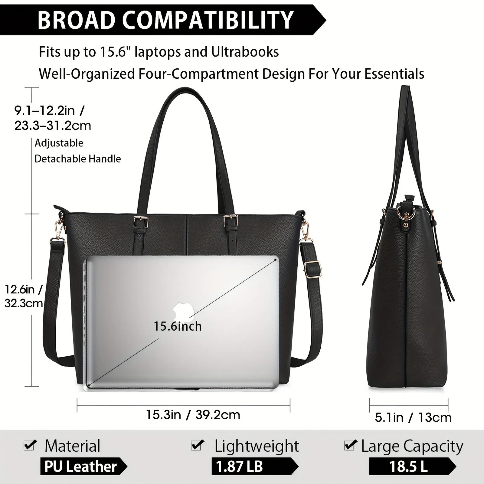 Waterproof Lightweight Laptop Tote Bag for Women - PU Leather Briefcase