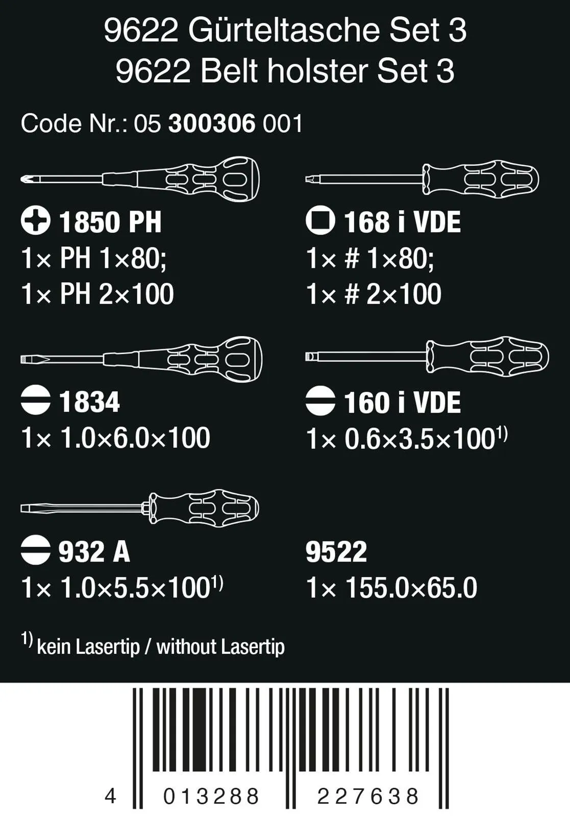 Wera Screwdriver Set 9622 Belt Holster Set 3 VDE Phillips Slotted Square Ball Grip 8 Pieces