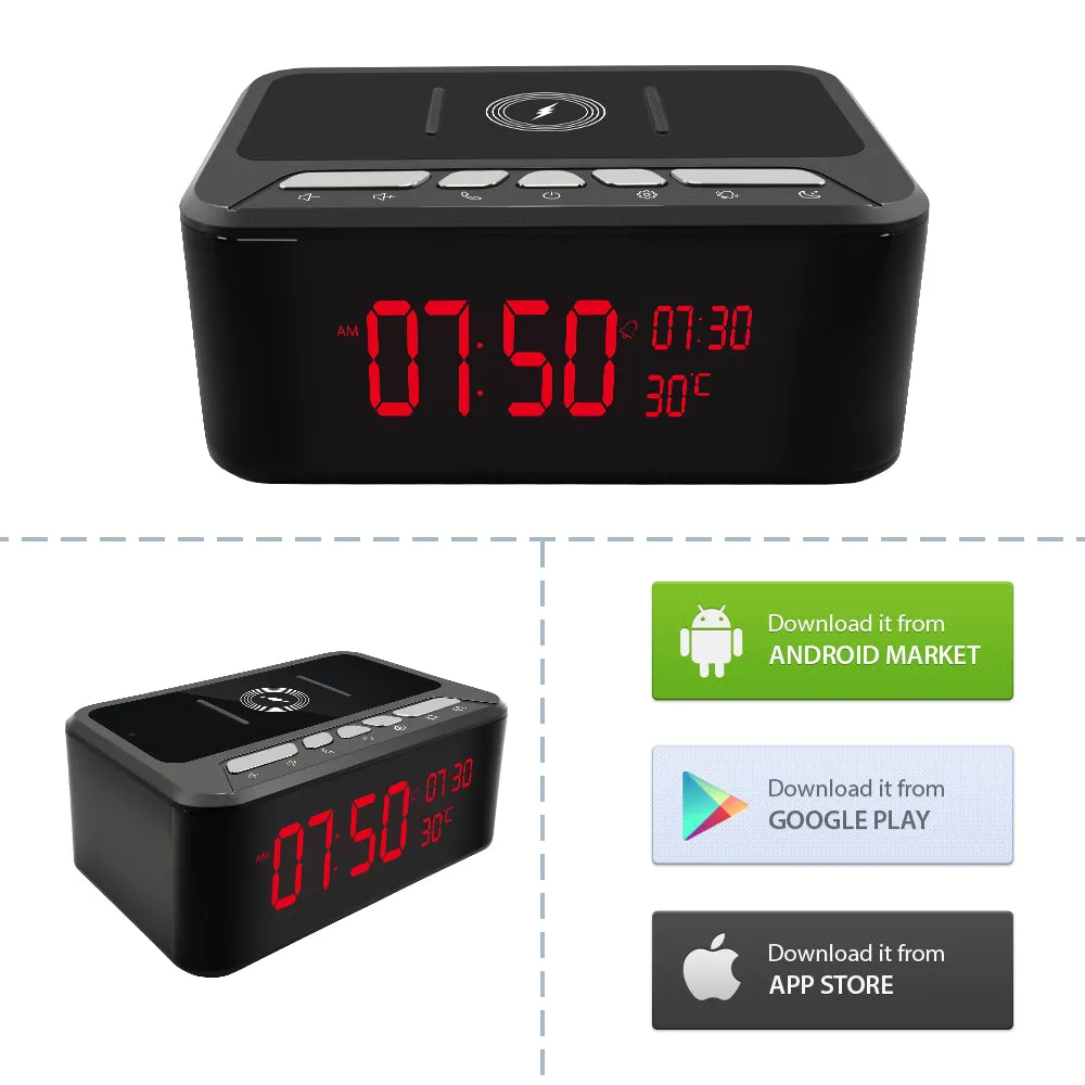 Wireless Wi-FI Spy Camera 1080p Video Recorder Alarm Clock / Bluetooth Speaker / Wireless Phone Charger