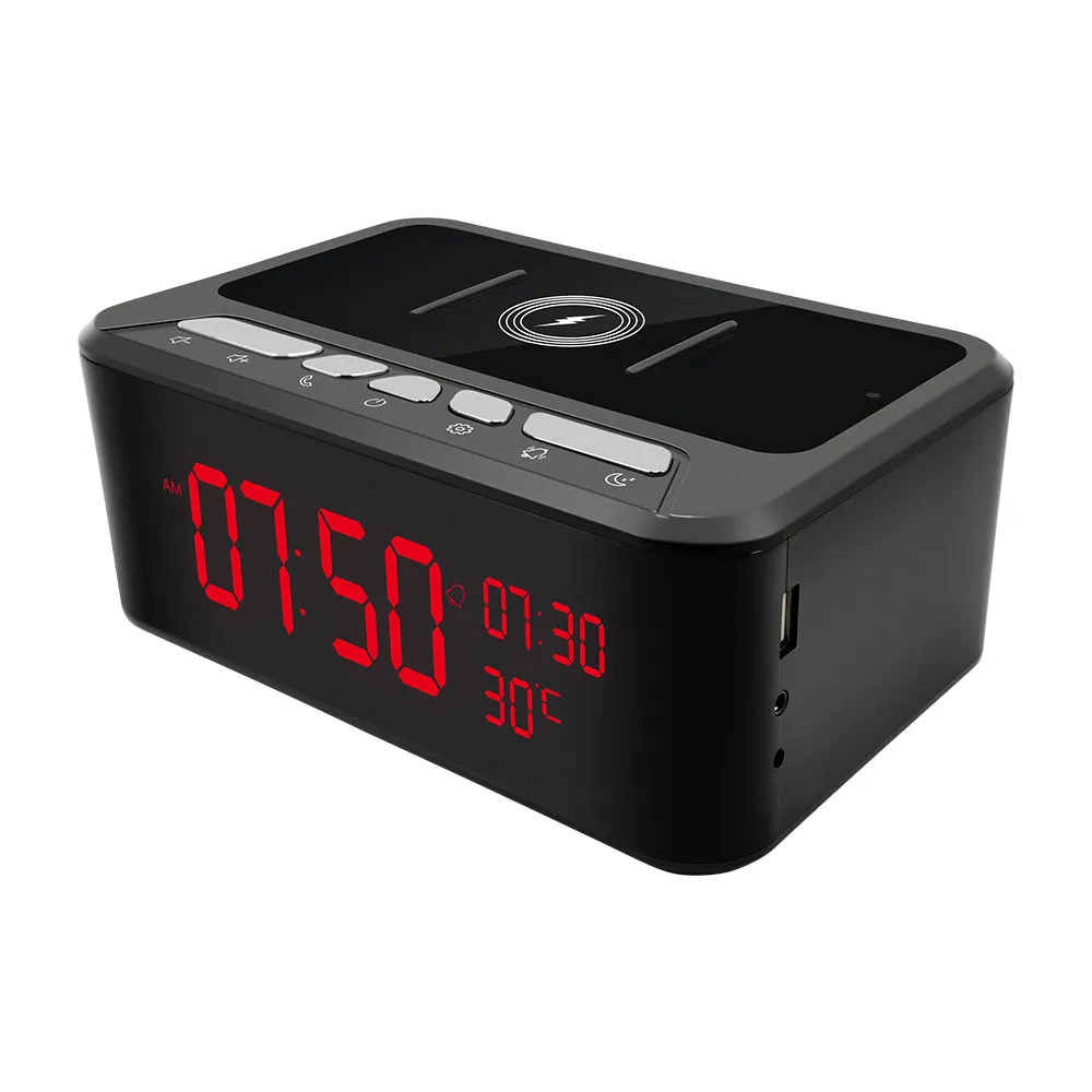 Wireless Wi-FI Spy Camera 1080p Video Recorder Alarm Clock / Bluetooth Speaker / Wireless Phone Charger