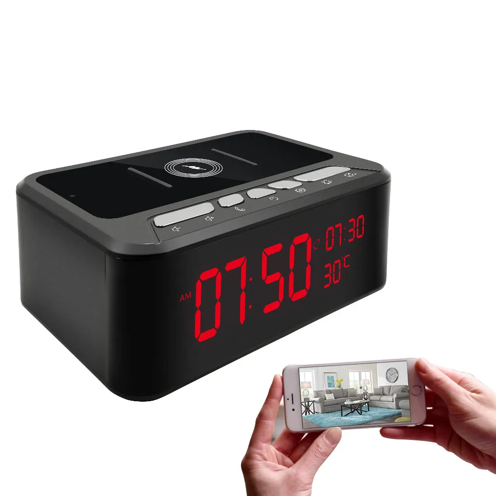 Wireless Wi-FI Spy Camera 1080p Video Recorder Alarm Clock / Bluetooth Speaker / Wireless Phone Charger